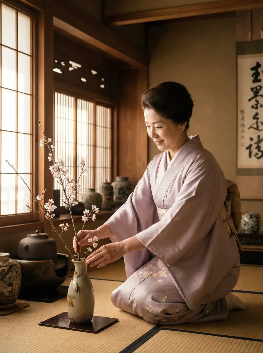一位优雅的 无限资源日本2019版 在和室中插花